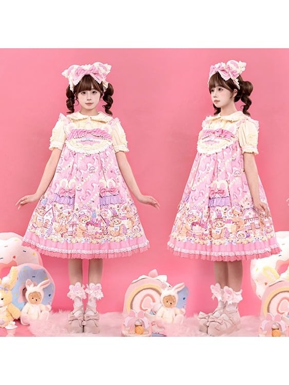 Kawaii Puff Sleeves Lolita JSK Dress with Bear Cake Theme Floral Print - Mewroco