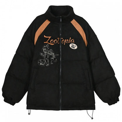 Schwarze Pufferjacke mit „Zootopia Judy and Nick“-Applikation