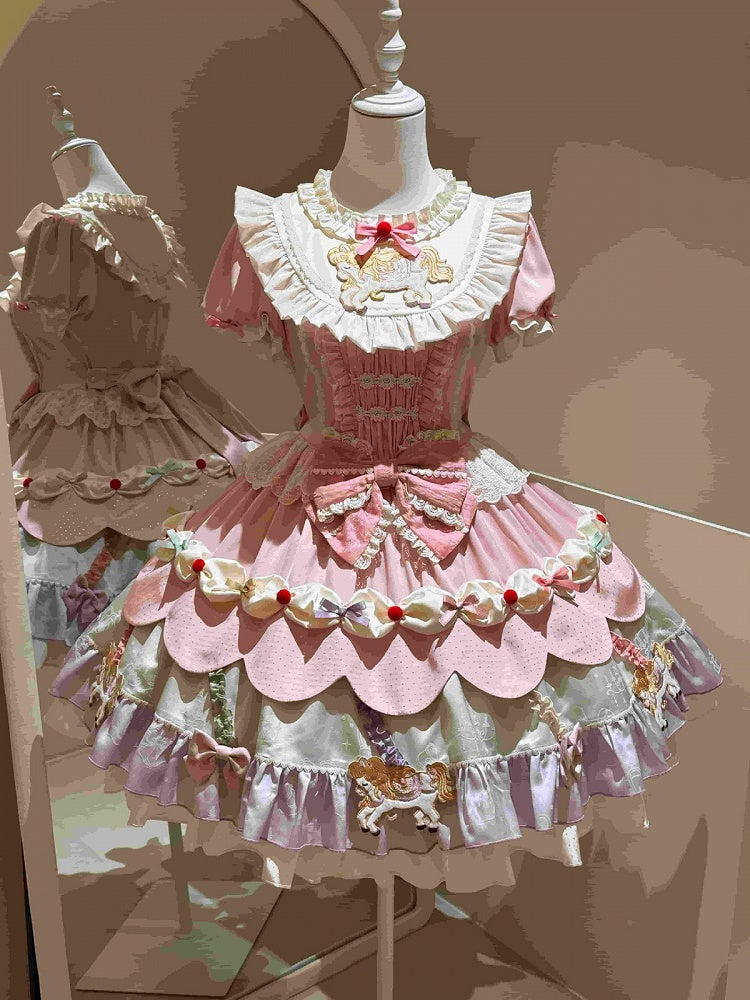 Cute Round Neck Bow Ruffle Dress with 3D Horse Embroidery in Pink & Purple - Sweet Dream Box