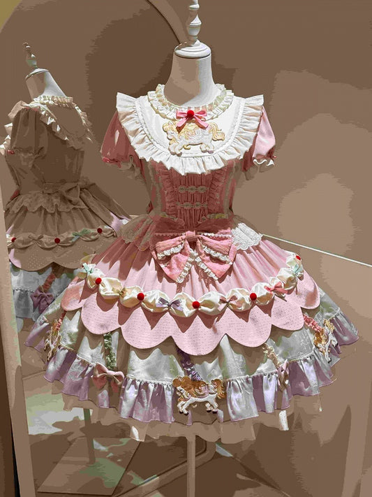 Cute Round Neck Bow Ruffle Dress with 3D Horse Embroidery in Pink & Purple - Sweet Dream Box