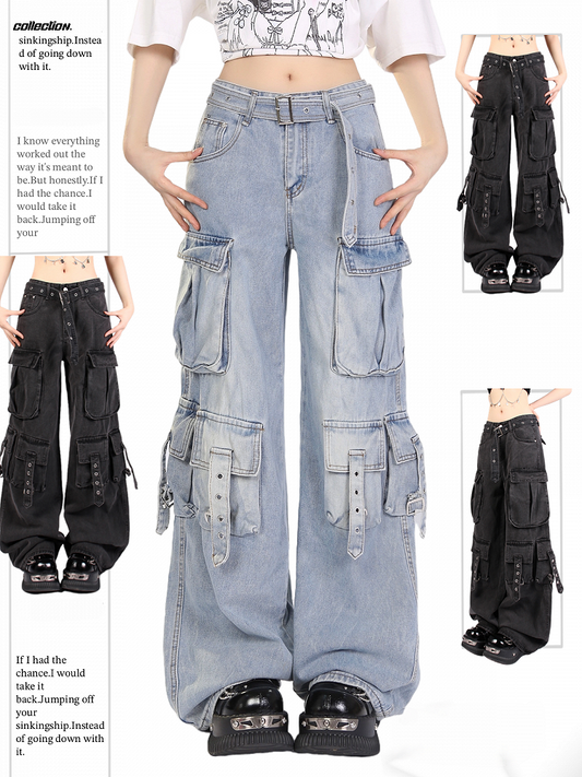 Blue/Black Multi-Pocket Utility Cargo Jeans with Hanging Strap Design