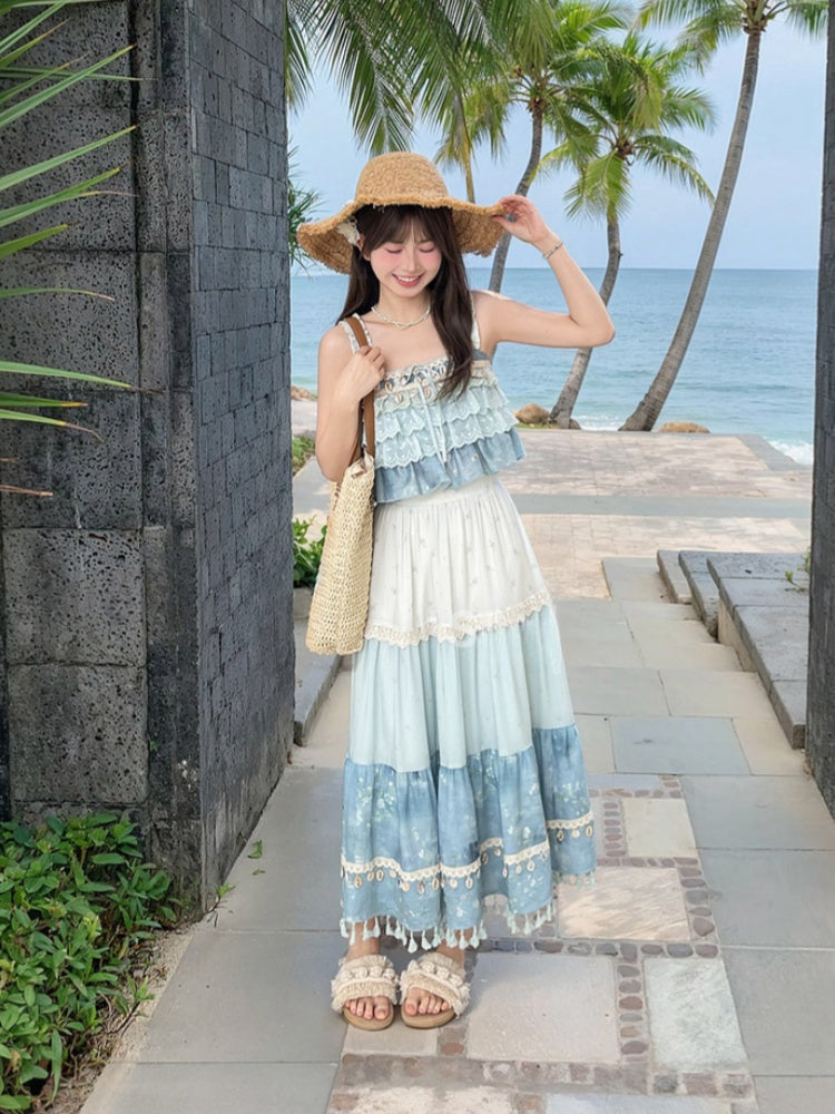 Dye Tie Blue Skirt Design Tassel Hem Shell Charm Patchwork Trim Lace