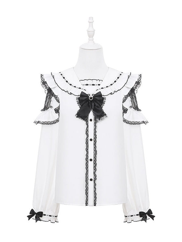 Black & White Jirai Kei Sailor-Collar Blouse with Lace Cutout Shoulders & Bow Tie - Puppet Bombs