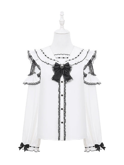 Black & White Jirai Kei Sailor-Collar Blouse with Lace Cutout Shoulders & Bow Tie - Puppet Bombs