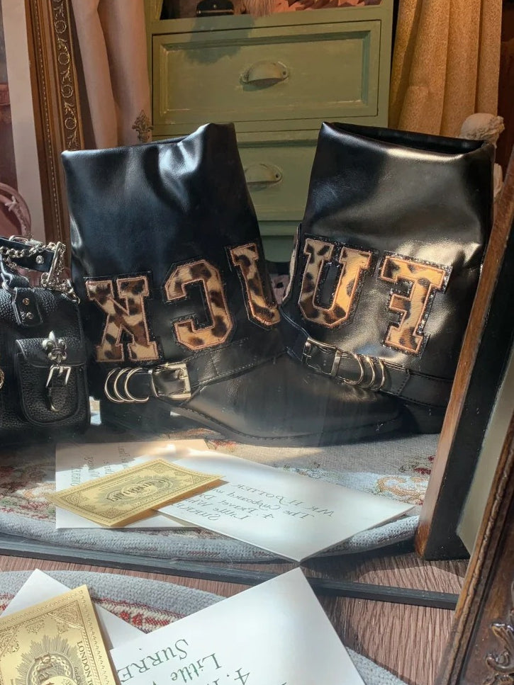 Toe Pointed Mid-Heel Leopard Black Letter - Patches Boots Print