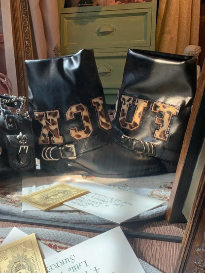 Toe Pointed Mid-Heel Leopard Black Letter - Patches Boots Print