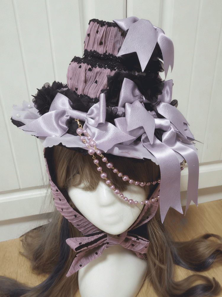 Black Hat Top Polka-Dot Purple Lolita Bowknot Pearl