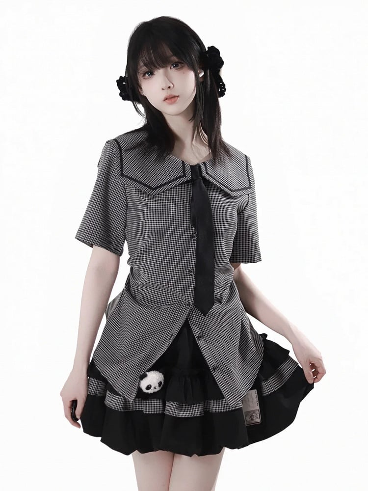 Bow Back Black Square Collar Self-tie Plaid Blouse with Necktie
