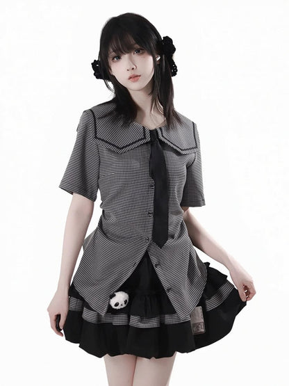 Bow Back Black Square Collar Self-tie Plaid Blouse with Necktie