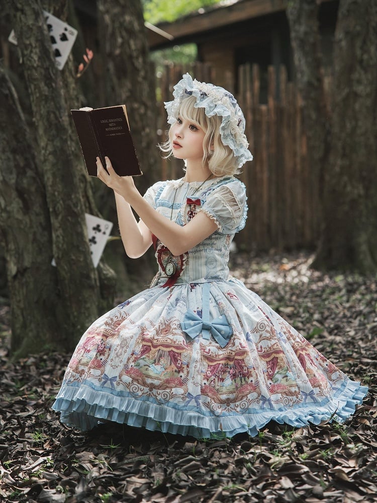 Alice in Wonderland Style Azure Sweet Skirt with Detachable Bow Ribbons - Forest Fairy Tales