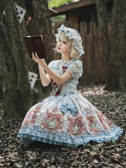 Alice in Wonderland Style Azure Sweet Skirt with Detachable Bow Ribbons - Forest Fairy Tales