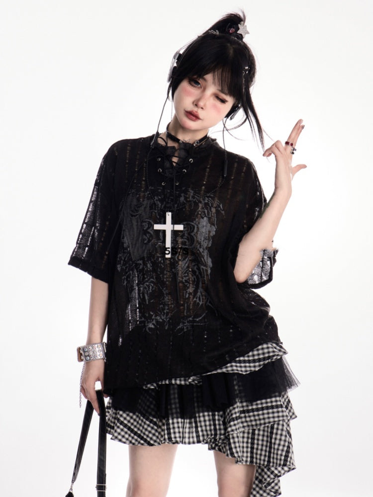 Y2K Löcher Schwarz/Weiß Schnürung Mock Neck Distressed
