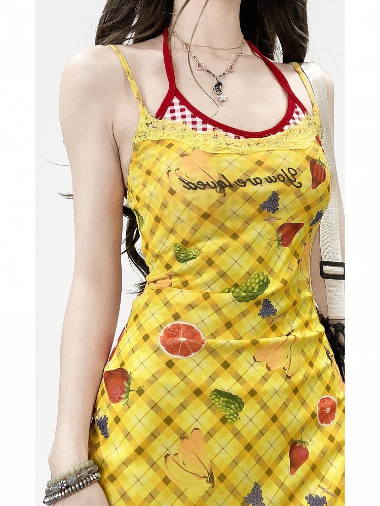 Y2K Muster Plaid Brief Hals + Gelb Obst Neckholder Cami Print Bittersüße Kleid Top Und Rot