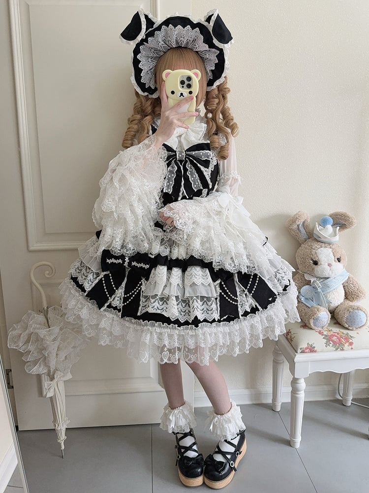 Tiered Chain Big Hanayome Black Bead Dress Skirt Bows Decoration Lolita