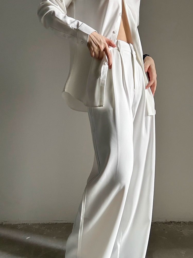 Ouji with Button Lolita Wide-Leg Pants  Fly White High-Waisted