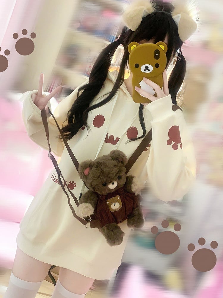 Hoodie Front Pouch with Themed Print Cat Pocket Off-white
