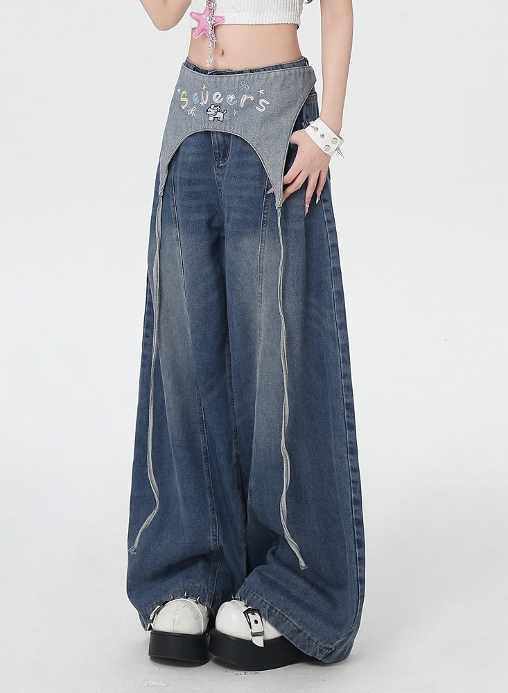 Blue Low Waist Wide-leg Jeans with Letter Embroidery