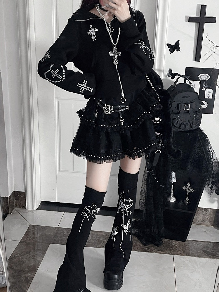 クロスとほろ苦いフード付き耳付き黒猫ハートデザインジャケット