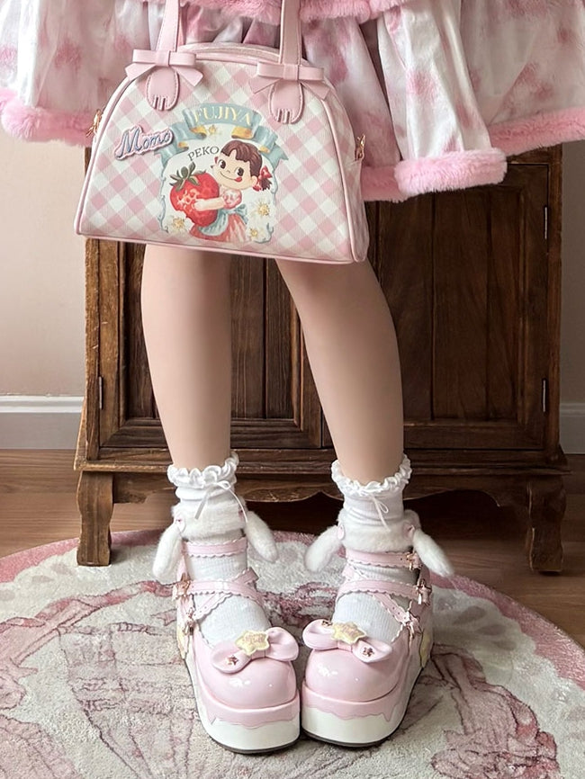 Strap with Pink Lolita - PU Detachable Sweet Puppy Mary Plush Ear Platform Janes Velcro Starry Ankle Theme