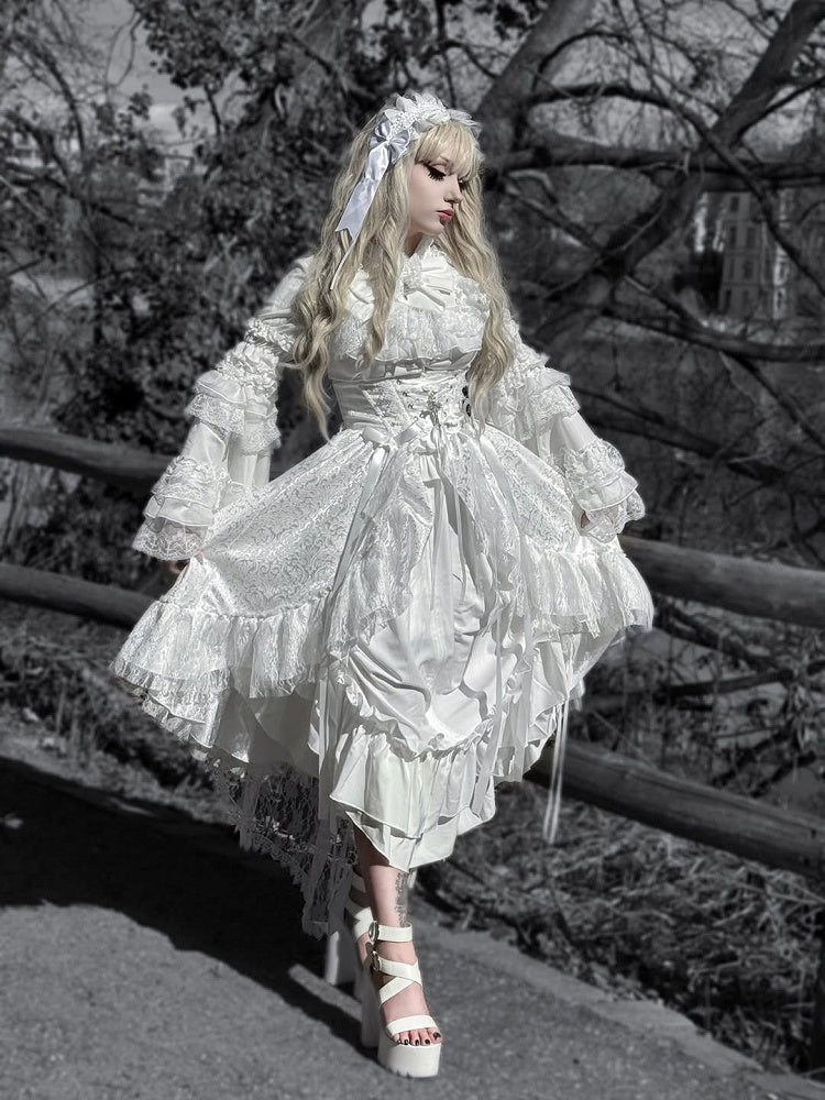 White Gothic Lolita Boned Corset Waist Skirt with Drawstring - Nightingale Girl