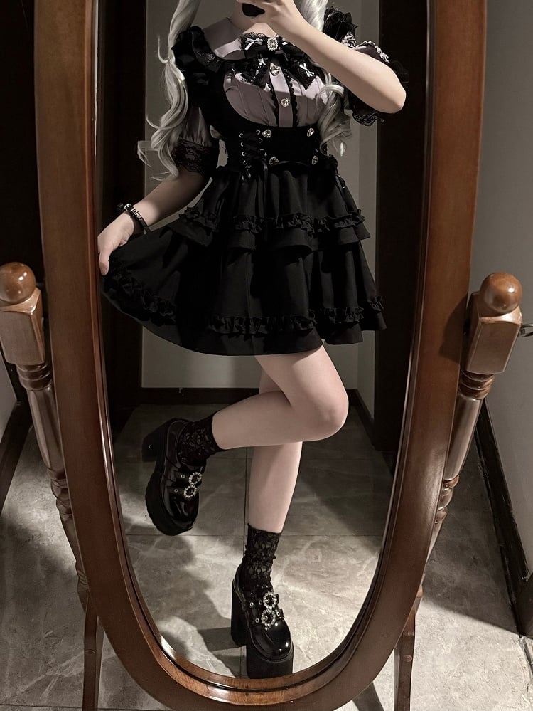 Set Schnür-Overall Rock Jirai Taille Kei Lila Peter Pan Kragen Bluse mit Schwarz