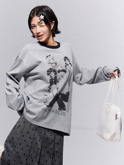 Print Top Neckline Crew Gray Casual Girl Trim with Anime Black