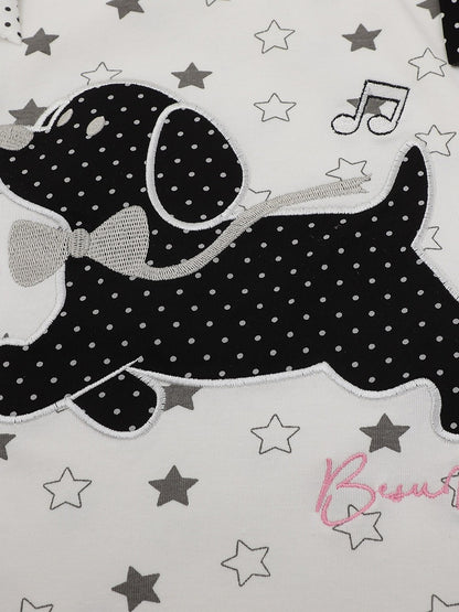White Asymmetric Tee with Star Motif & Puppy Emblem - Languid Park
