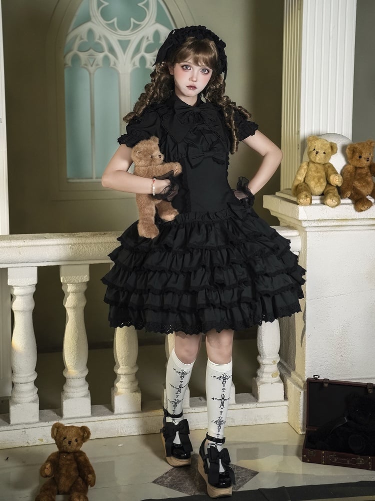 Gothic Tiered Bow Black Accents Lolita with Ruffles Dress