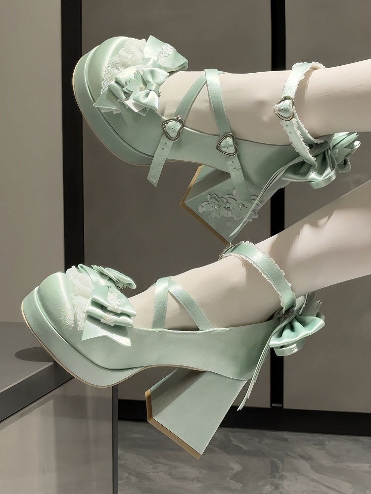 Jane Block Motif in Fastener Heart with Blossom Heel Green Bow Satin High Sweet Accents Shoes Cherry Mary Loltia