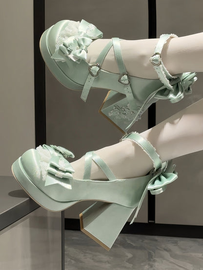 Jane Block Motif in Fastener Heart with Blossom Heel Green Bow Satin High Sweet Accents Shoes Cherry Mary Loltia