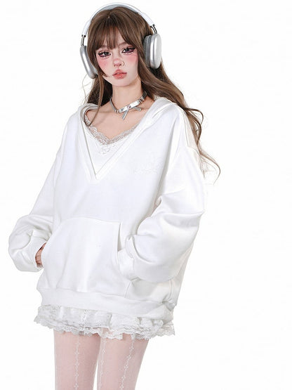 Grey/White Lace Trim V-neck Loose Hoodie Fake Two-piece