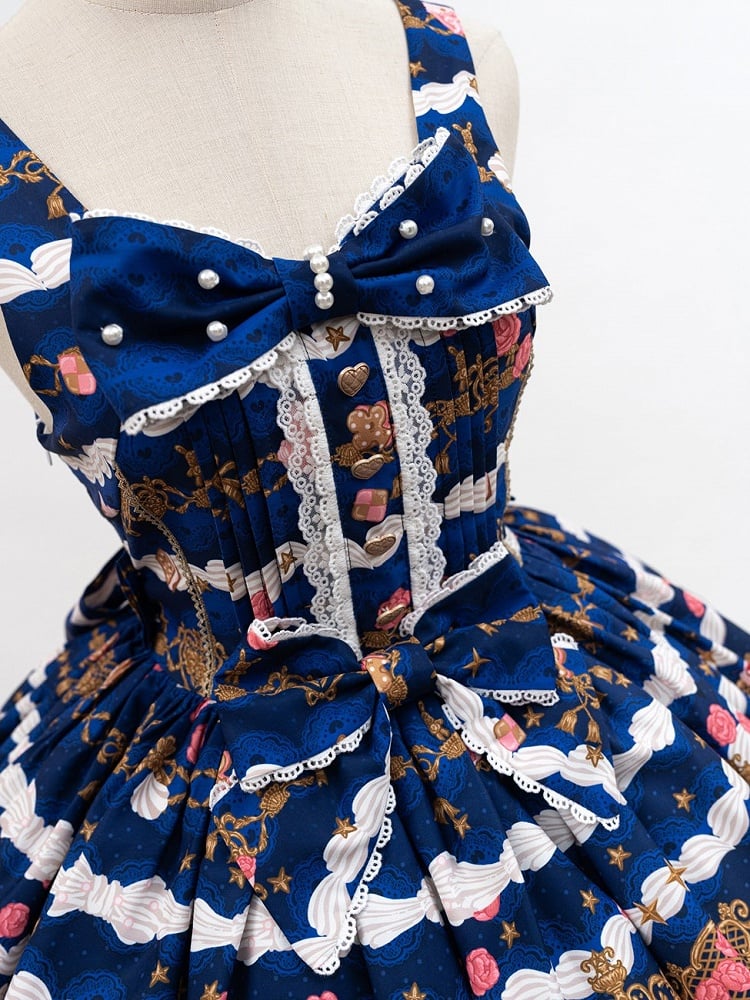 Lolita and Print Dress Details Sweet Bow Lace JSK Cake Blue Bear with Trim Dark
