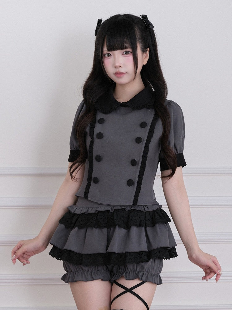 Gray Jirai Kei Double-Breasted Short Sleeve Top with Ruffle Details - No Genki