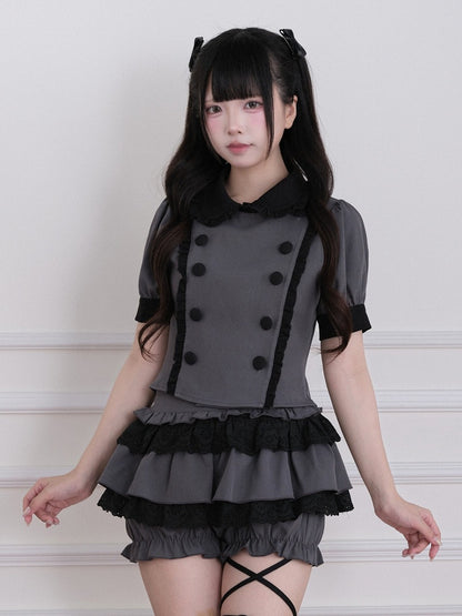 Gray Jirai Kei Double-Breasted Short Sleeve Top with Ruffle Details - No Genki
