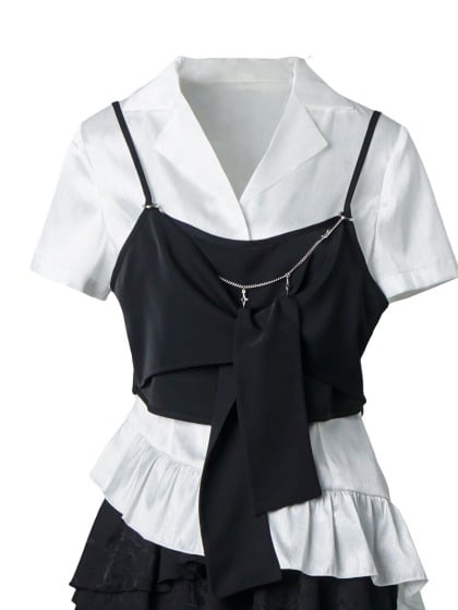 White Asymmetric Hem Herringbone Shirt with Cami Set - PINK SAVIOR