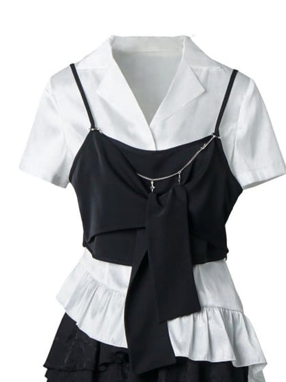 White Asymmetric Hem Herringbone Shirt with Cami Set - PINK SAVIOR