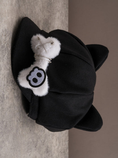 Black Applique Beret Pin Gothic Hat Bone Ear Skeleton Plush Decorated Design Cat