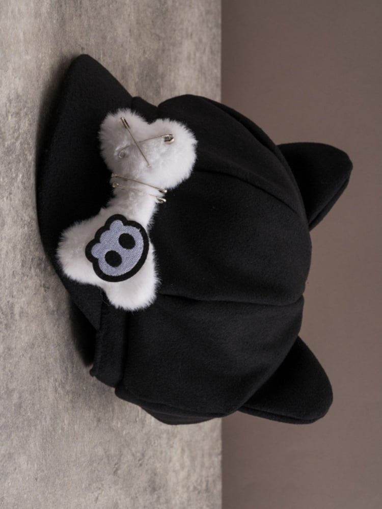 Applique Beret Bone Pin Cat Hat Plush Skeleton Design Decorated Ear Gothic Black