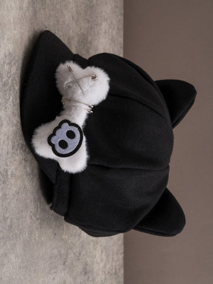Applique Beret Bone Pin Cat Hat Plush Skeleton Design Decorated Ear Gothic Black