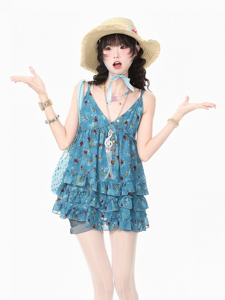 Blue V-Neck Cami Dress with Floral Print & Ruffle Accents - Languid Park
