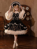 Schwarzes Lolita-Kleid mit Kerzenschleifen und Samt JSK / Dekorationsstickerei