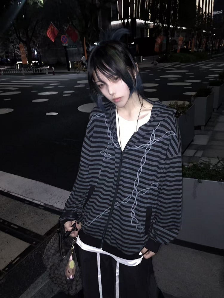 Hooded Cross Black Zip-up for Gray Chain Print Autumn Jacket Stripes with