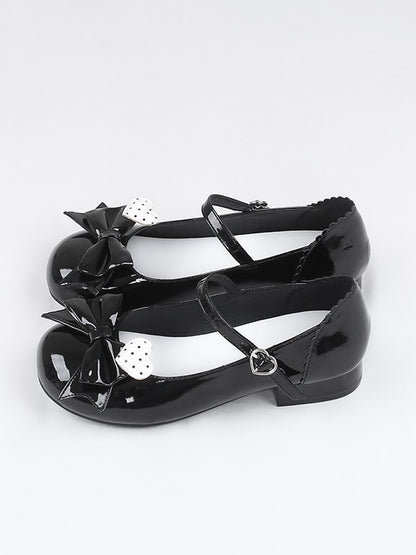 Black Polished Mary Jane Shoes with Bow and Polka Dot Heart Design