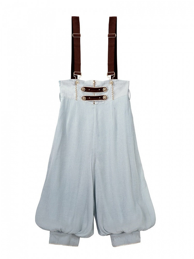 Prince Style Lolita Overall Shorts in Brown & Blue with Metal Button Accents - Xiong Dou Jiang