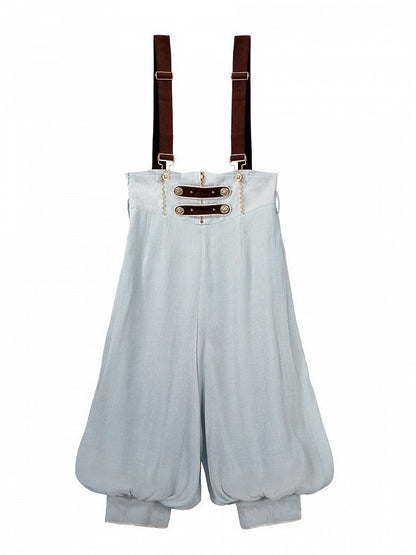 Prince Style Lolita Overall Shorts in Brown & Blue with Metal Button Accents - Xiong Dou Jiang