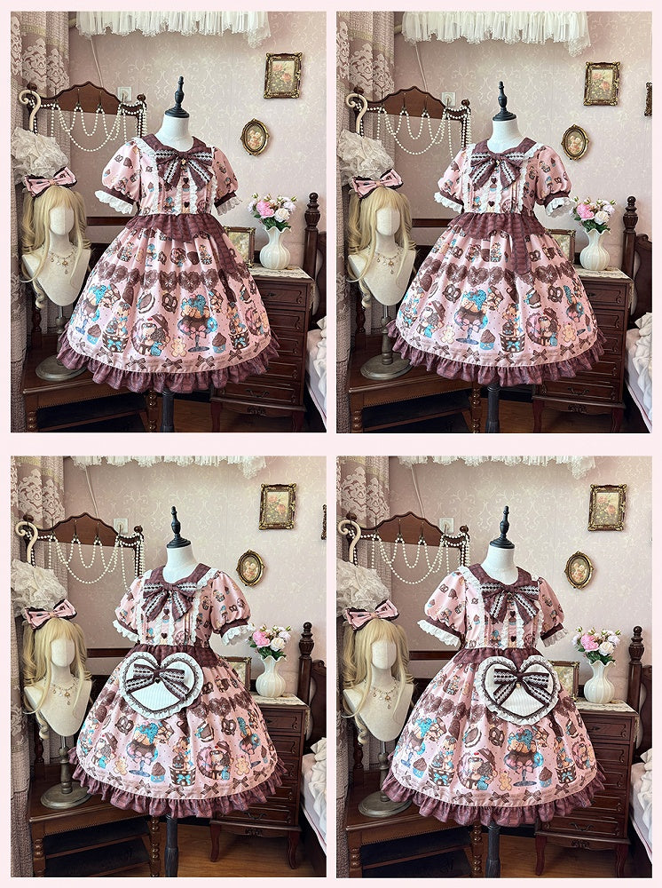 Piece Pink Lolita Dress One Vintage Teddy Bear Print Sweet Light