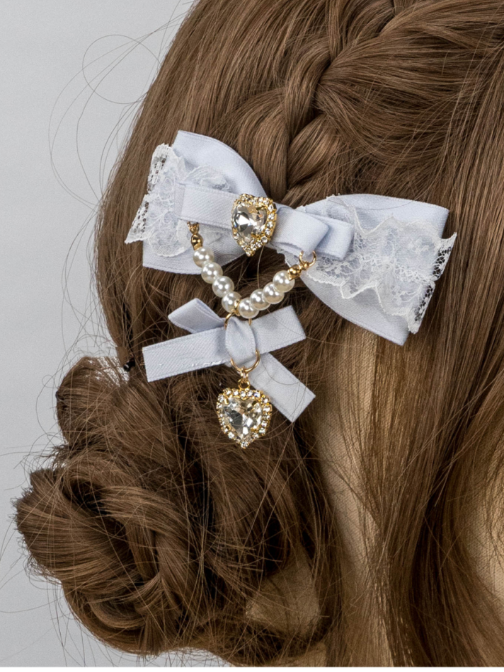 Jirai Kei Dusty Blue Bow Chain Beaded Lolita Hairclip Charm Heart
