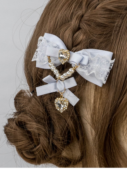 Jirai Kei Dusty Blue Bow Chain Beaded Lolita Hairclip Charm Heart