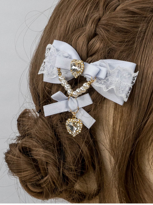 Jirai Kei Dusty Blue Bow Heart Beaded Chain Lolita Hairclip Charm
