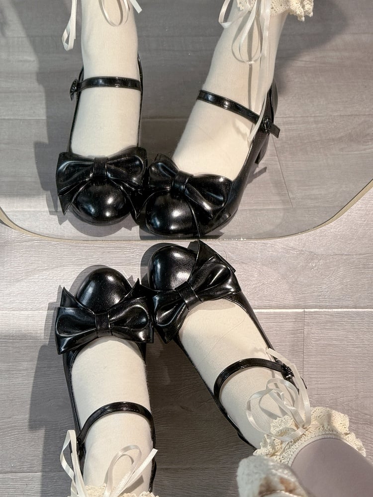 Sophisticated Black Lolita Mid Heels - PU Leather with Ornamental Bow & Circle Fastener